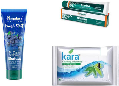 

Himalaya Clarina Anti Acne Cream, kara skin care wipes, oil clear blueberry face wash(Set of 3)