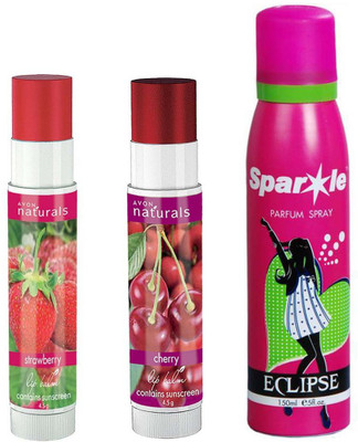 

Avon Anew Herbal Strawberry Lip Balm Berry-Flavour (4.5 g) & one Naturals Lip Balm Cherry (4.5 g) With one sparkle perfume spray 150 ml(Set of 3)