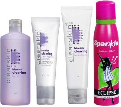 

Avon Anew CLEARSKIN BLEMISH CLEARING DAILY ASTRINGENT 100ML & one Clear Skin Foaming Cleanser (100 ml) & one CLEARSKIN BLEMISH MULTI - PURPOSE TREATMENT (30 ml) With one sparkle perfume spray 150 ml(Set of 4)