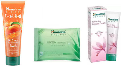 

Himalaya fresh start oil clear peach face wash, natural glow fairness cream, moisturizing aloe vera facial wipes(Set of 3)