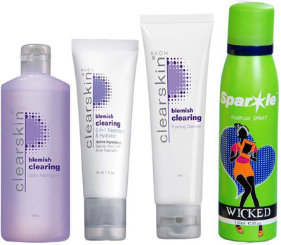 

Avon Anew CLEARSKIN BLEMISH CLEARING DAILY ASTRINGENT 100ML & one Clear Skin Foaming Cleanser (100 ml) & one CLEARSKIN BLEMISH MULTI - PURPOSE TREATMENT (30 ml) With one sparkle perfume spray 150 ml(Set of 4)