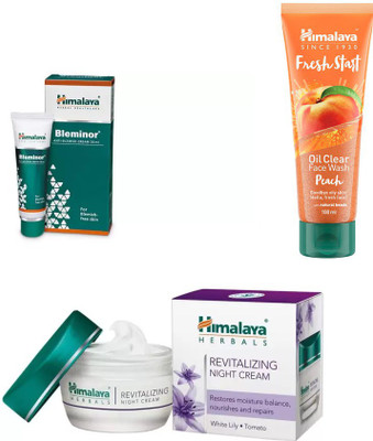 

Himalaya Bleminor Anti Blemish Cream, Revitalizing Night Cream, Fresh Start Oil Clear peach Face Wash(Set of 3)