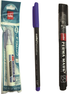 

Cello PERMALINE OHP/CD/DVD MARKER (BLUE) +REFILLABLE PERMA MARK PERMANENT MARKER (BLACK)+CORRECT-X CORRECTION PEN 5 ML(Set of 3, Blue)