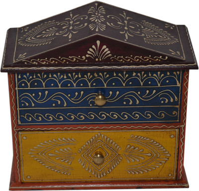 

Desert Overseas Wooden Multicolor Hand Painted Hut Shape 2 Drawer Box Mulri Use Vanity Box(Multicolor)