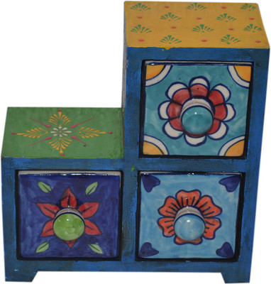 

Desert Overseas Wooden Multicolor Hand Painted Single Stair 3 Drawer Box Mulri Use Vanity Box(Multicolor)