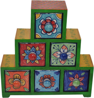 

Desert Overseas Wooden Multicolor Hand Painted Triple Stair 6 Drawer Box Mulri Use Vanity Box(Multicolor)
