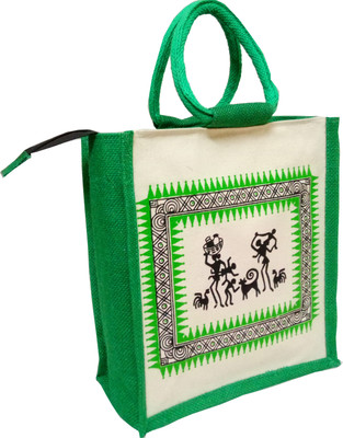 

styles creation Rajasthani Printed Designer Stylish Trendy Green Handicraft Jute Lunch Tiffin Handbag Waterproof Multipurpose Bag(Green, White, 11 inch)
