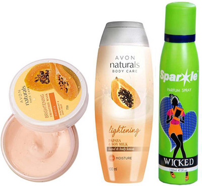 

Avon Anew papaya whitening smoothies face mask (75 g) & Naturals Papaya & Soy Milk Hand & Body Lotion (100 ml) With one sparkle perfume spray 150 ml(Set of 3)