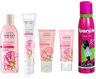 

Avon Anew Naturals Rose and pearl powdery night cream (50 g) & Naturals Rose and pearl day cream SPF 15/PA++ (50 g) & Naturals Rose & Pearl Whitening Cleanser (100 g) & NATURALS ROSE & ROSE PEARL TONER (100 ml) & With one sparkle perfume spray 150 ml(Set 