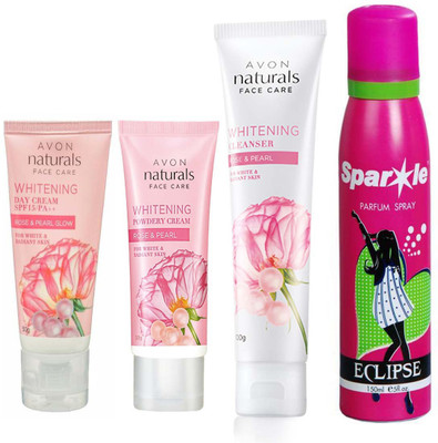 

Avon Anew Naturals Rose and pearl powdery night cream (50 g) & Naturals Rose and pearl day cream SPF 15/PA++ (50 g) & Naturals Rose & Pearl Whitening Cleanser (100 g) With one sparkle perfume spray 150 ml(Set of 4)