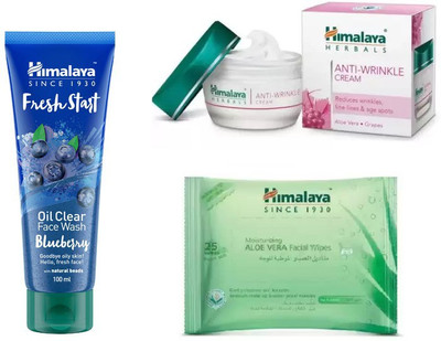 

Himalaya fresh start oil clear blueberry face wash, anti wrinkle cream, moisturizing aloe vera facial wipes(Set of 3)