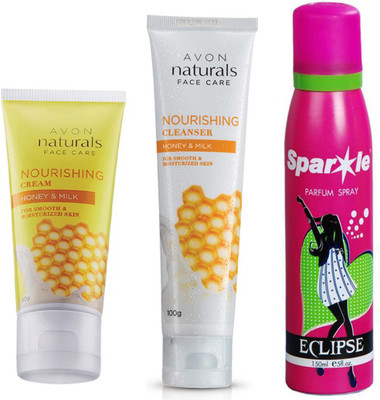

Avon Anew NATURALS NURISHING HONEY & MILK CREAM (50 g) & Nourishing Honey & Milk Cleanser (100 g) & With one sparkle perfume spray 150 ml(Set of 3)