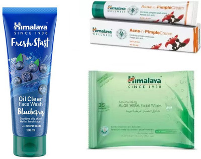 

Himalaya fresh start oil clear blueberry face wash, acne-n pimple cream, moisturizing aloe vera facial wipes(Set of 3)