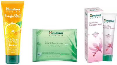 

Himalaya fresh start oil clear lemon face wash, natural glow fairness cream, moisturizing aloe vera facial wipes(Set of 3)