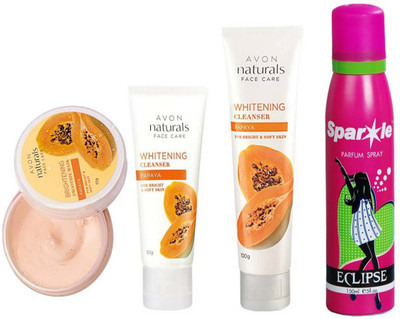 

Avon Anew papaya whitening smoothies face mask (75 g) & Naturals Papaya Cleanser (100 g) & Naturals Papaya Cleanser 50 g (26451) With one sparkle perfume spray 150 ml(Set of 4)