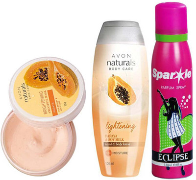 

Avon Anew papaya whitening smoothies face mask (75 g) & Naturals Papaya & Soy Milk Hand & Body Lotion (100 ml) With one sparkle perfume spray 150 ml(Set of 3)
