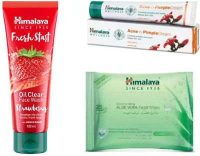Himalaya fresh start oil clear strawberry face wash, acne-n pimple cream, moisturizing aloe vera facial wipes(Set of 3)