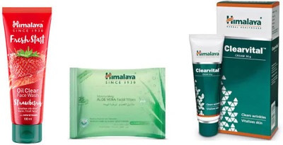 

Himalaya fresh start oil clear strawberry face wash, clearvital cream, moisturizing aloe vera facial wipes(Set of 3)