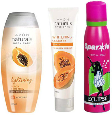 

Avon Anew Naturals Papaya & Soy Milk Hand & Body Lotion (100 ml) & one Naturals Papaya Cleanser (100 g) With one sparkle perfume spray 150 ml(Set of 3)