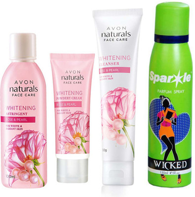 

Avon Anew Naturals Rose and pearl powdery night cream (50 g) & NATURALS ROSE & ROSE PEARL TONER (100 ml) & Naturals Rose & Pearl Whitening Cleanser (100 g) With one sparkle perfume spray 150 ml(Set of 4)