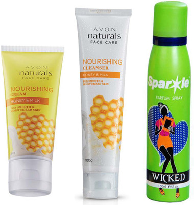 

Avon Anew NATURALS NURISHING HONEY & MILK CREAM (50 g) & Nourishing Honey & Milk Cleanser (100 g) & With one sparkle perfume spray 150 ml(Set of 3)