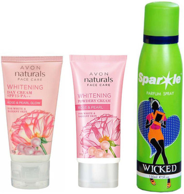 

Avon Anew Naturals Rose and pearl powdery night cream (50 g) & Naturals Rose and pearl day cream SPF 15/PA++ (50 g) With one sparkle perfume spray 150 ml(Set of 3)