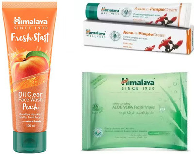 

Himalaya fresh start oil clear peach face wash, acne-n pimple cream, moisturizing aloe vera facial wipes(Set of 3)