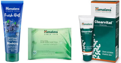 

Himalaya fresh start oil clear blueberry face wash, clearvital cream, moisturizing aloe vera facial wipes(Set of 3)