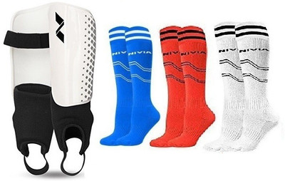 

Nivia Combo of two- one Pair of 'Speedy' Shin guard (Large) and Three Pair of Football Stockings (Color On Availability) - Football Kit