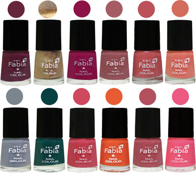 

Fabia Matte Nail Polish Exclusive Combo Mulberry, Golden, Raspberry, Lip, Bazooka Joe, Light Peach, Wild Gray Yonder, Dark Green, Shock Pink, Sour Orange, Mauve Pink, Shock Pink Light(Pack of 12)