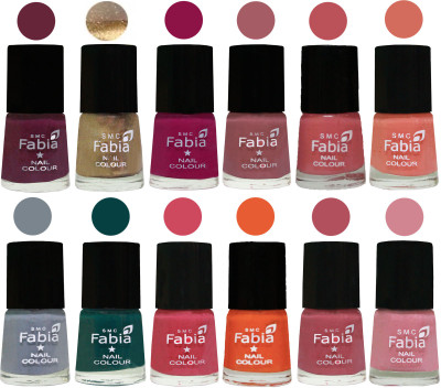 

Fabia Matte Nail Polish Exclusive Combo Mulberry, Golden, Raspberry, Lip, Bazooka Joe, Light Peach, Wild Gray Yonder, Dark Green, Shock Pink, Sour Orange, Mauve Pink, Rose(Pack of 12)