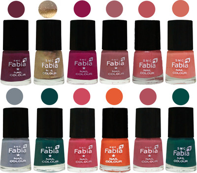 

Fabia Matte Nail Polish Exclusive Combo Mulberry, Golden, Raspberry, Lip, Bazooka Joe, Light Peach, Wild Gray Yonder, Dark Green, Shock Pink, Sour Orange, Mauve Pink, Pine Green(Pack of 12)