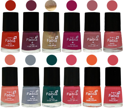 

Fabia Matte Nail Polish Exclusive Combo Shock Orange Red, Mulberry, Golden, Raspberry, Lip, Bazooka Joe, Light Peach, Wild Gray Yonder, Dark Green, Shock Pink, Sour Orange, Strawberry(Pack of 12)