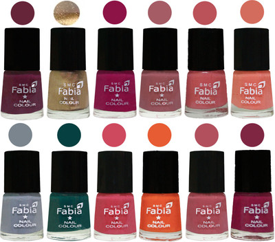 

Fabia Matte Nail Polish Exclusive Combo Mulberry, Golden, Raspberry, Lip, Bazooka Joe, Light Peach, Wild Gray Yonder, Dark Green, Shock Pink, Sour Orange, Mauve Pink, Dark Magenta(Pack of 12)