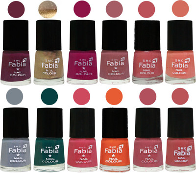 

Fabia Matte Nail Polish Exclusive Combo Mulberry, Golden, Raspberry, Lip, Bazooka Joe, Light Peach, Wild Gray Yonder, Dark Green, Shock Pink, Sour Orange, Mauve Pink, Peach(Pack of 12)