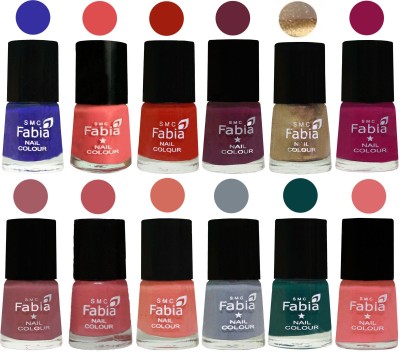 

Fabia Matte Nail Polish Exclusive Combo Shock Blue, Salmon, Shock Orange Red, Mulberry, Golden, Raspberry, Lip, Bazooka Joe, Light Peach, Wild Gray Yonder, Dark Green, Baby Pink(Pack of 12)