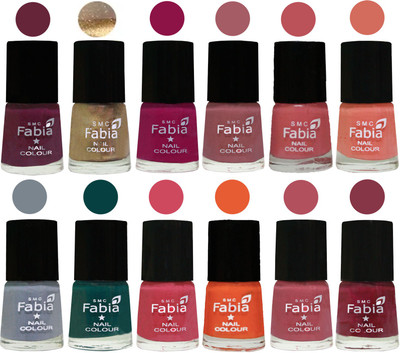

Fabia Matte Nail Polish Exclusive Combo Mulberry, Golden, Raspberry, Lip, Bazooka Joe, Light Peach, Wild Gray Yonder, Dark Green, Shock Pink, Sour Orange, Mauve Pink, Wine Red(Pack of 12)