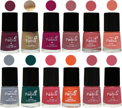 

Fabia Matte Nail Polish Exclusive Combo Mulberry, Golden, Raspberry, Lip, Bazooka Joe, Light Peach, Wild Gray Yonder, Dark Green, Shock Pink, Sour Orange, Mauve Pink, Light Pink(Pack of 12)