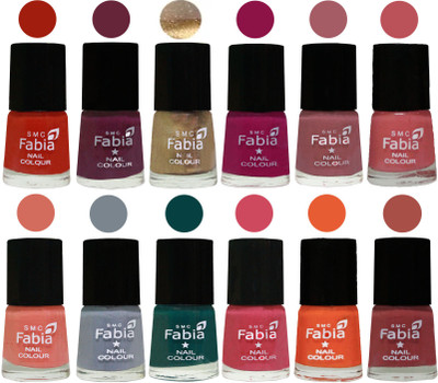 

Fabia Matte Nail Polish Exclusive Combo Shock Orange Red, Mulberry, Golden, Raspberry, Lip, Bazooka Joe, Light Peach, Wild Gray Yonder, Dark Green, Shock Pink, Sour Orange, Dark Peach(Pack of 12)