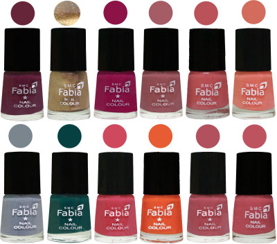 

Fabia Matte Nail Polish Exclusive Combo Mulberry, Golden, Raspberry, Lip, Bazooka Joe, Light Peach, Wild Gray Yonder, Dark Green, Shock Pink, Sour Orange, Mauve Pink, Coral Pink(Pack of 12)