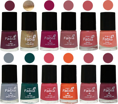 

Fabia Matte Nail Polish Exclusive Combo Mulberry, Golden, Raspberry, Lip, Bazooka Joe, Light Peach, Wild Gray Yonder, Dark Green, Shock Pink, Sour Orange, Mauve Pink, Plum(Pack of 12)