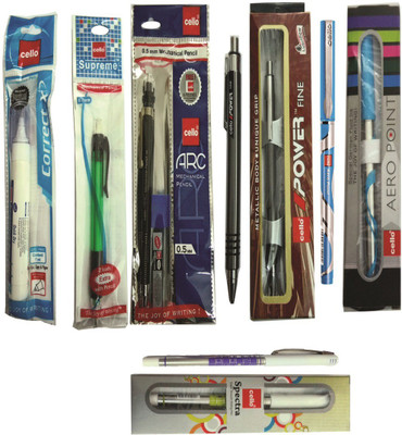 

Cello SPECTRA BALL PEN +AERO POINT BALL PEN+ POWER FINE BALL PEN+ARE 0.5 MM. MECHANICAL PENCIL WITH 1 LEAD BOX+SUPREME 0.7 MM MECHANICAL PENCIL +CORRECT-X CORRECTION PEN 7 ML Ball Pen