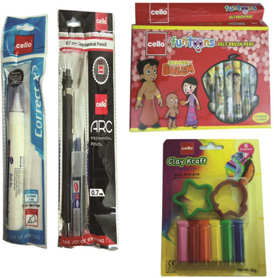 

Cello FUNTOONS FELT BRUSH PENS (12 SHADES)+CLAY KRAFT 6 COLOURS CLAY WTH 2 MOULDS+ARC 0.7 MM MECHANICAL PENCIL+CORRECT-X CORRECTION PEN 7 ML Pencil(Set of 1, Blue)