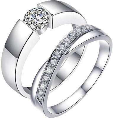 MYKI King & Queen Valentine Adjustable Couple Rings Sterling Silver Swarovski Zirconia 24K White Gold Plated Ring Set