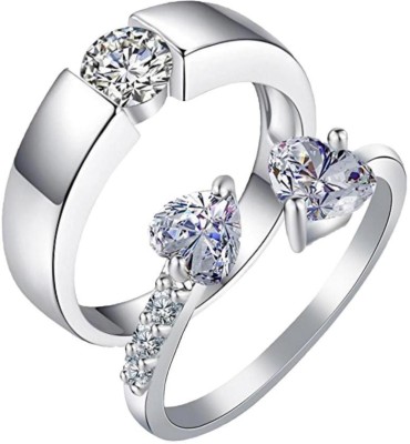 MYKI King & Queen Valentine Adjustable Couple Rings Sterling Silver Swarovski Zirconia 24K White Gold Plated Ring Set