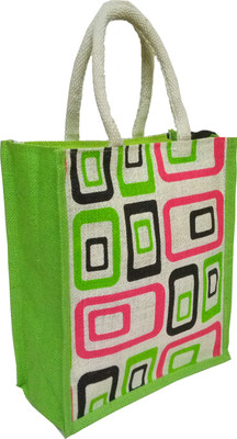 

styles creation Square Print Designer Stylish Trendy Light Green Handicraft Jute Lunch Tiffin Handbag Waterproof Lunch Bag(Green, 11 inch)