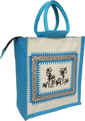 

styles creation Rajasthani Printed Designer Stylish Trendy Sky Blue Handicraft Jute Lunch Tiffin Handbag Waterproof Lunch Bag(Blue, White, 11 inch)
