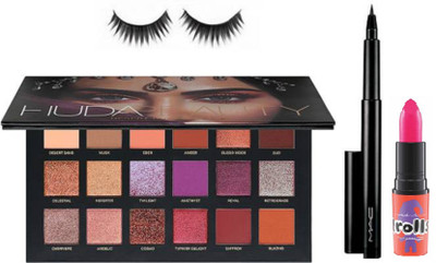 

studio Eyelashes, Huda Beauty Desert Dusk Eyeshadow 18 Shades Palette & Mac Pencil Eyeliner & Trolls Pink Shade Lipstick(Set of 4)