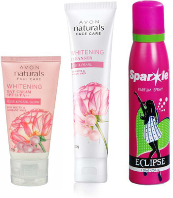 

Avon Anew Naturals Rose and pearl day cream SPF 15/PA++ (50 g) & Naturals Rose & Pearl Whitening Cleanser (100 g) With one sparkle perfume spray 150 ml(Set of 3)