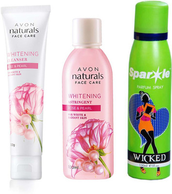 

Avon Anew Naturals Rose & Pearl Whitening Cleanser (100 g) & NATURALS ROSE & ROSE PEARL TONER (100 ml) With one sparkle perfume spray 150 ml(Set of 3)